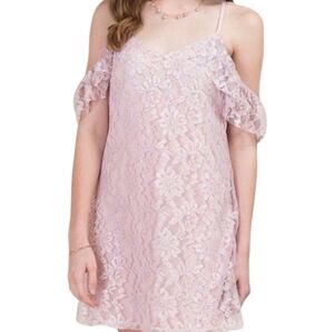 Blue Rair Pink Cold Shoulder Mini Lace Floral Dress